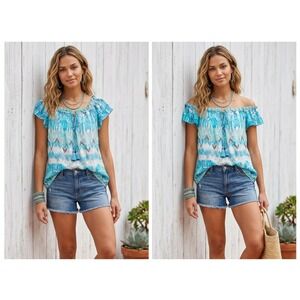 Hale Bob Blouse Womens Medium Blue Ikat Chevron Tassel Boho Top Resortwear